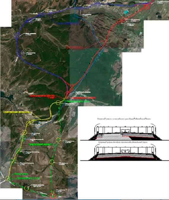 Трасса "Таврида". На карте выделены: синим и жёлтым цветом – существующие автодороги, красным – проектируемый седьмой участок, зелёным – возможный восьмой участок