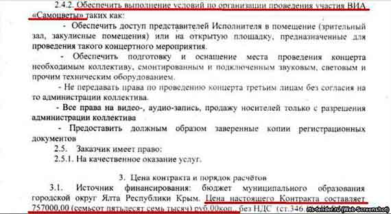 Гонорар российской группы "Самоцветы" за выступление в День города Ялты 12 августа 2017 года