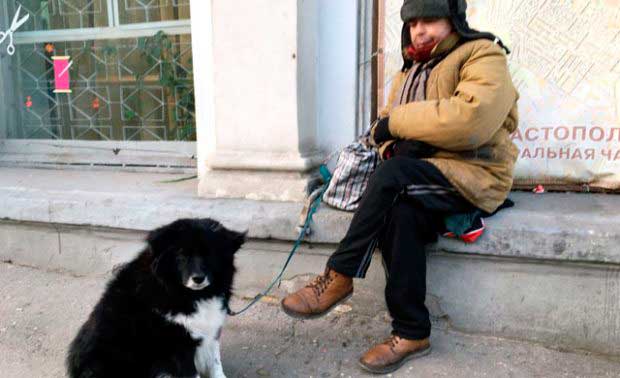 Рабочее утро. На улице минусовая температура. Январь покусывает за щеки, за руки, от леденящего ветра невольно наворачиваются слезы. Но этой парочке, присевшей на парапет одной из центральных улиц города, спешить, очевидно некуда, как негде и укрыться от мороза. Все, что нужно сейчас человеку и псу, - подаяние.