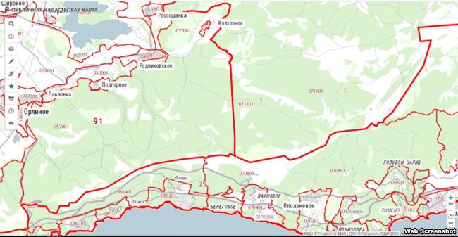 Административная граница между Крымом и Севастополем в районе Байдарского заказника согласно публичной кадастровой карте России