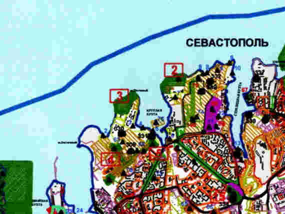 Кусочек скан-копии опорного плана. Черным обозначены исторические объекты, цветом – перспективные зоны историко-археологических исследований