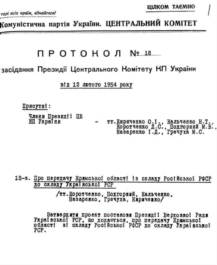 Президиум ЦК КПУ утверждает проект постановления Президиума Верховного Совета УССР о передаче Крыма