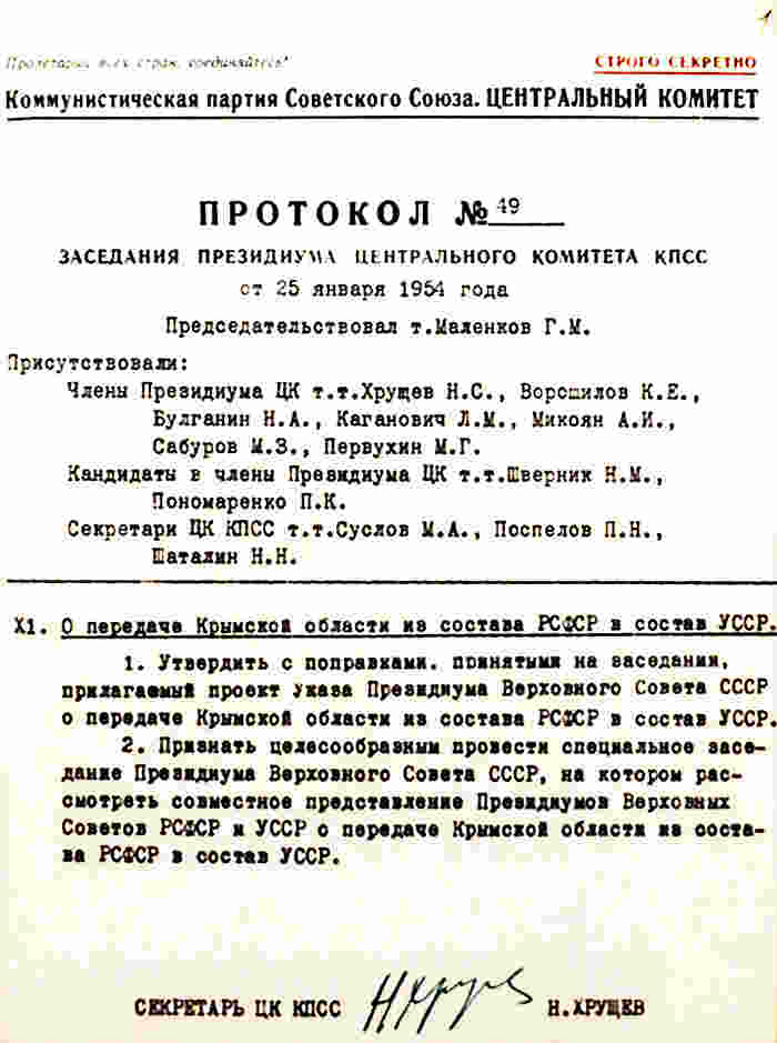 На заседании Президиума ЦК КПСС под председательством главы советского правительства Георгия Маленкова принимается принципиальное решение о включении Крыма в состав Украины