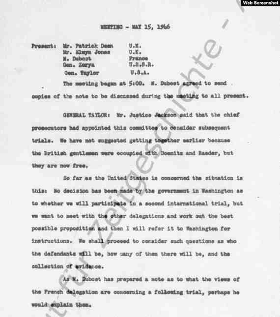 Протокол организационного заседания МВТ от 15 мая 1946 года. В списке присутствующих значится генерал Зоря. Тема обсуждения – дальнейшее преследование нацистских военных преступников. Из документа явствует, что Зоре поручалось участие в этом преследовании. Это подтверждается также статьей в американской газете Stars and Stripes, на которую мы сошлемся ниже. Впоследствии СССР отказался от этой идеи. Так называемые малые нюрнбергские процессы США провели без союзников. Документ из архива Института современной истории (Institut für Zeitgeschichte) в Мюнхене.