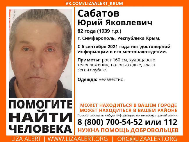 Сабатов Юрий Яковлевич, 82 года (1939 года рождения). Город Симферополь, Крым