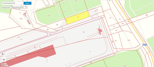 Скриншот публичной кадастровой карты – участок 91:04:014001:100 выделен желтым