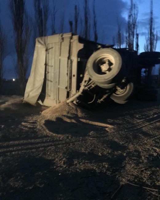 В районе перекрёстка поворот на Орловку прицеп грузового транспорта начал вилять из стороны в сторону, полностью отцепился от «Камаза» и опрокинулся. В результате ДТП из прицепа высыпалось зерно