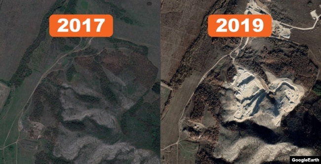 Село Холодовка, и здесь с 2017 года Россия добывает щебень прямо в горах. Уже разработано более 20 гектаров.